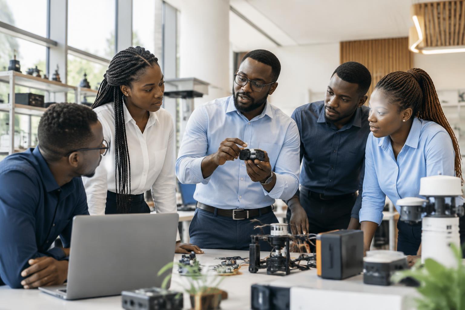 African engineers collaborating around sensor and electronics equipment