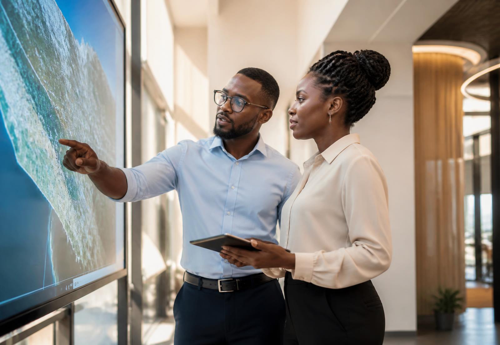 African engineers reviewing a mapping display in a modern technology centre